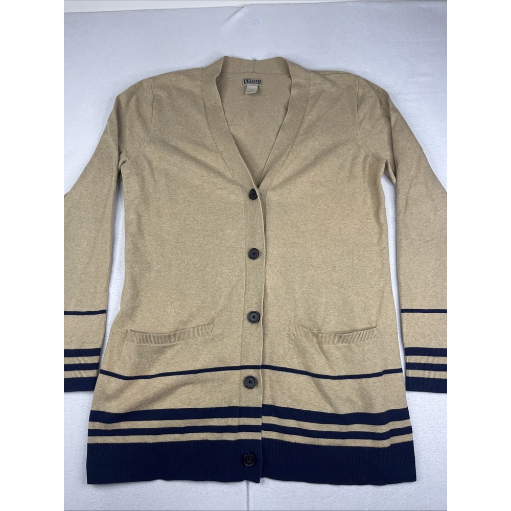 Duluth Trading Co Women Shiftless Cardigan Sweater Tan Blue Pockets Size L 71773